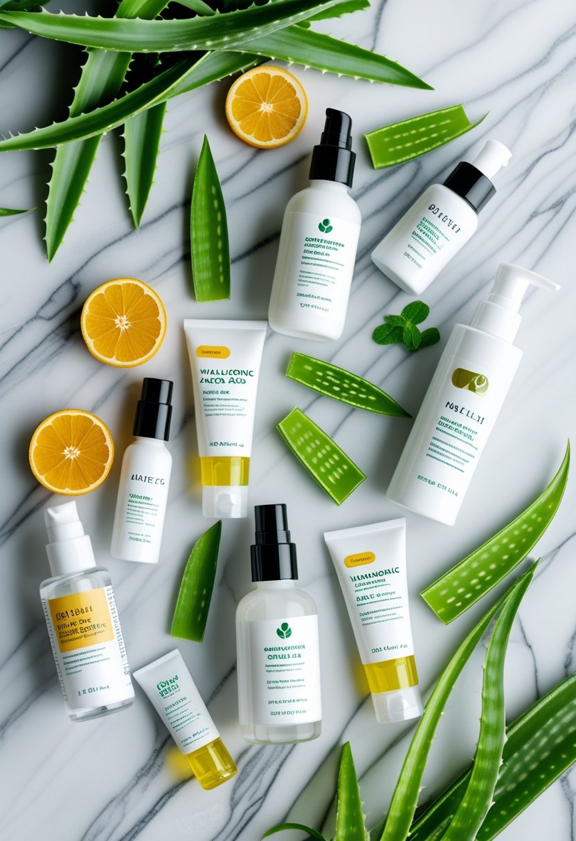 Flat lay of skincare bottles, jars, and natural ingredients like aloe vera and citrus fruits arranged on a white marble surface.